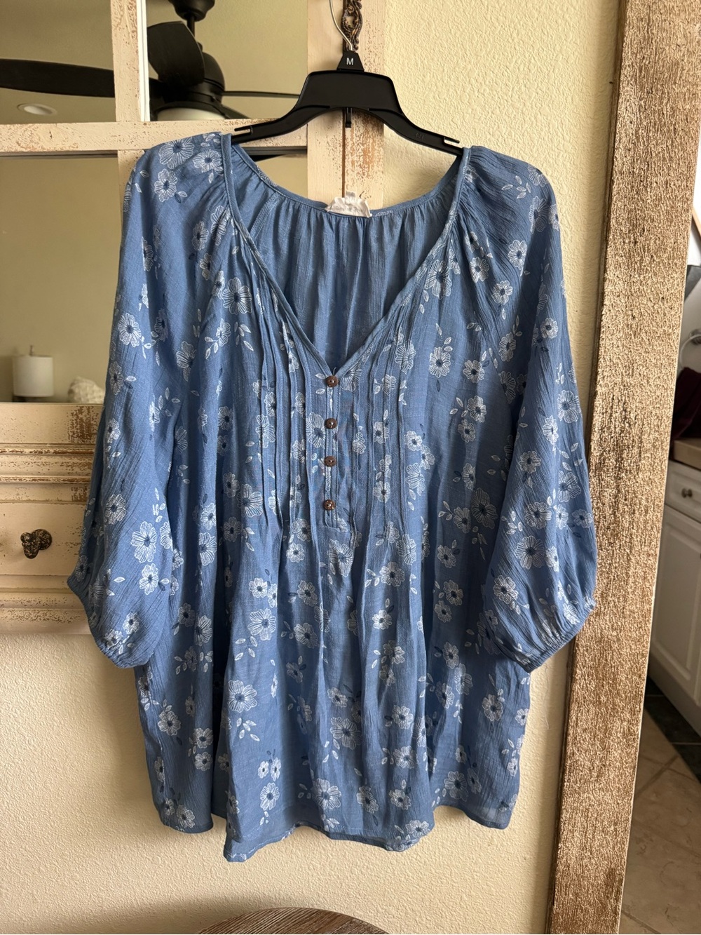 Siren Lily 2X Blue Floral Boho Peasant Blouse 3/4 Sleeve Flowy Top - Picture 2 of 10